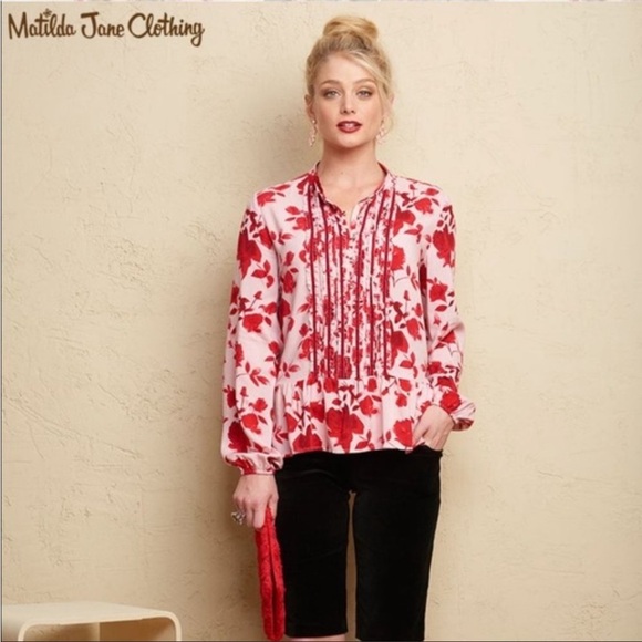 Matilda Jane Size M Miri Floral Print Pleated Blouse Long Sleeve Red Casual Top - Picture 1 of 11